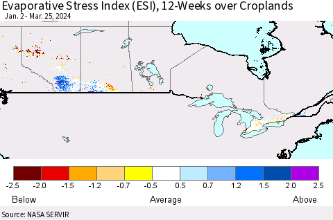 Canada Evaporative Stress Index (ESI), 12-Weeks over Croplands Thematic Map For 3/25/2024 - 3/31/2024