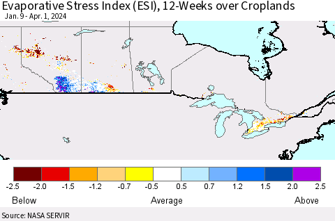 Canada Evaporative Stress Index (ESI), 12-Weeks over Croplands Thematic Map For 4/1/2024 - 4/7/2024