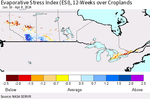Canada Evaporative Stress Index (ESI), 12-Weeks over Croplands Thematic Map For 4/8/2024 - 4/14/2024