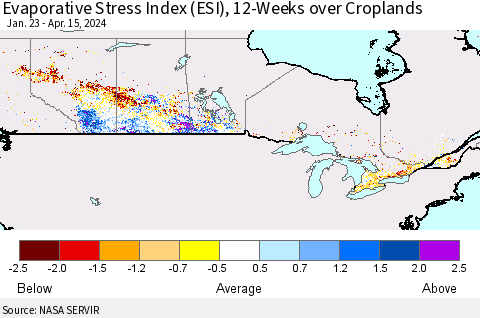 Canada Evaporative Stress Index (ESI), 12-Weeks over Croplands Thematic Map For 4/15/2024 - 4/21/2024