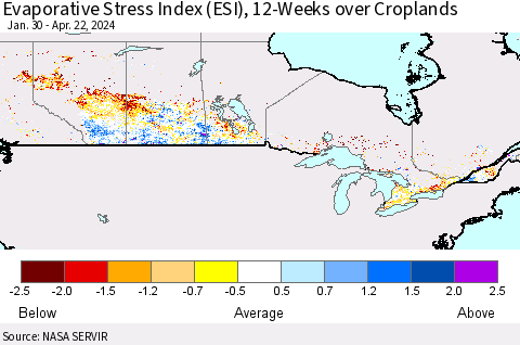 Canada Evaporative Stress Index (ESI), 12-Weeks over Croplands Thematic Map For 4/22/2024 - 4/28/2024