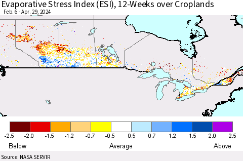 Canada Evaporative Stress Index (ESI), 12-Weeks over Croplands Thematic Map For 4/29/2024 - 5/5/2024