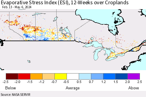 Canada Evaporative Stress Index (ESI), 12-Weeks over Croplands Thematic Map For 5/6/2024 - 5/12/2024