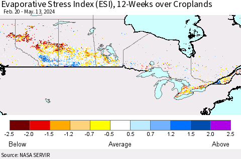 Canada Evaporative Stress Index (ESI), 12-Weeks over Croplands Thematic Map For 5/13/2024 - 5/19/2024