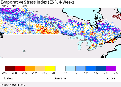 Canada Evaporative Stress Index (ESI), 4-Weeks Thematic Map For 5/17/2021 - 5/23/2021