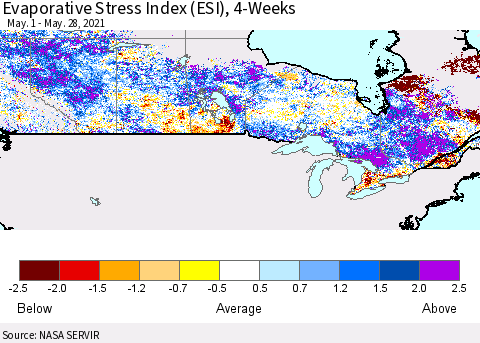 Canada Evaporative Stress Index (ESI), 4-Weeks Thematic Map For 5/24/2021 - 5/30/2021