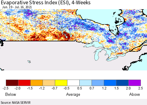 Canada Evaporative Stress Index (ESI), 4-Weeks Thematic Map For 7/12/2021 - 7/18/2021