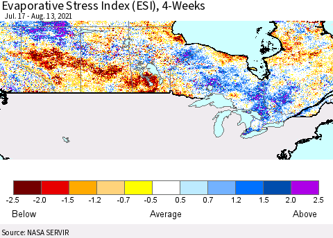 Canada Evaporative Stress Index (ESI), 4-Weeks Thematic Map For 8/9/2021 - 8/15/2021
