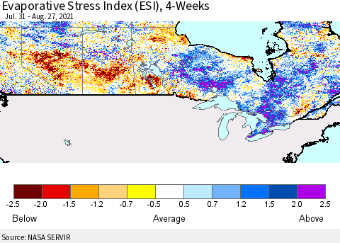 Canada Evaporative Stress Index (ESI), 4-Weeks Thematic Map For 8/23/2021 - 8/29/2021