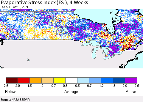 Canada Evaporative Stress Index (ESI), 4-Weeks Thematic Map For 9/27/2021 - 10/3/2021