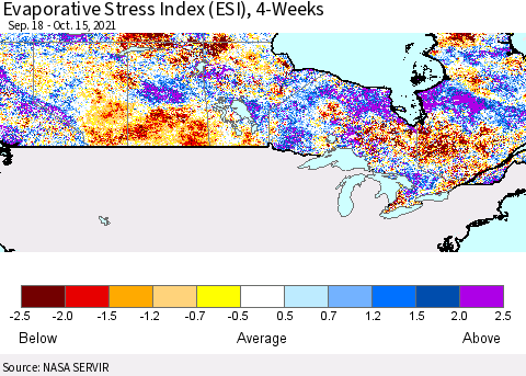 Canada Evaporative Stress Index (ESI), 4-Weeks Thematic Map For 10/11/2021 - 10/17/2021