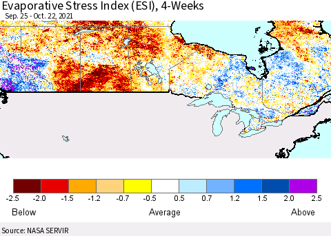 Canada Evaporative Stress Index (ESI), 4-Weeks Thematic Map For 10/18/2021 - 10/24/2021