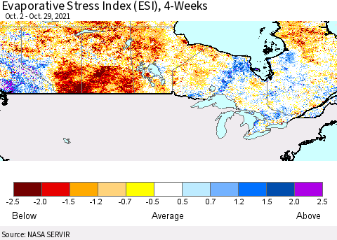 Canada Evaporative Stress Index (ESI), 4-Weeks Thematic Map For 10/25/2021 - 10/31/2021