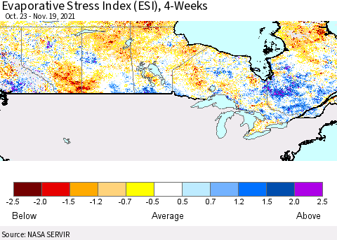 Canada Evaporative Stress Index (ESI), 4-Weeks Thematic Map For 11/15/2021 - 11/21/2021