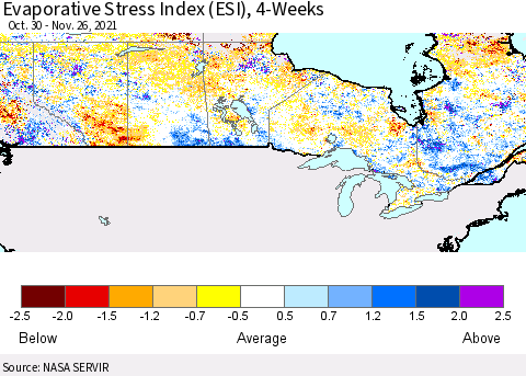 Canada Evaporative Stress Index (ESI), 4-Weeks Thematic Map For 11/22/2021 - 11/28/2021