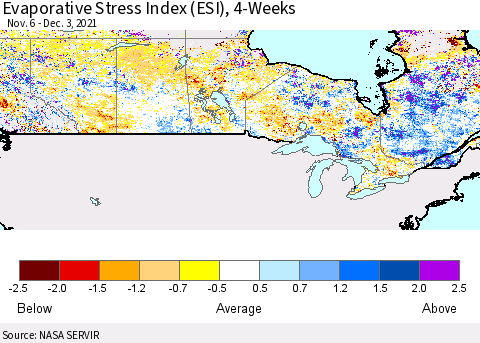 Canada Evaporative Stress Index (ESI), 4-Weeks Thematic Map For 11/29/2021 - 12/5/2021