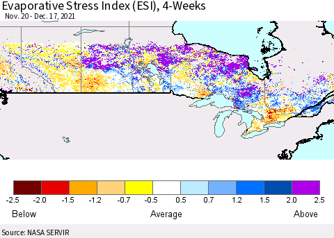 Canada Evaporative Stress Index (ESI), 4-Weeks Thematic Map For 12/13/2021 - 12/19/2021