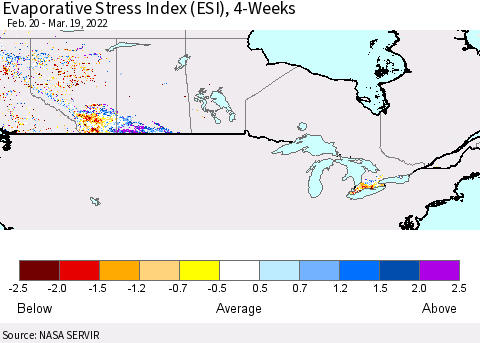 Canada Evaporative Stress Index (ESI), 4-Weeks Thematic Map For 3/14/2022 - 3/20/2022