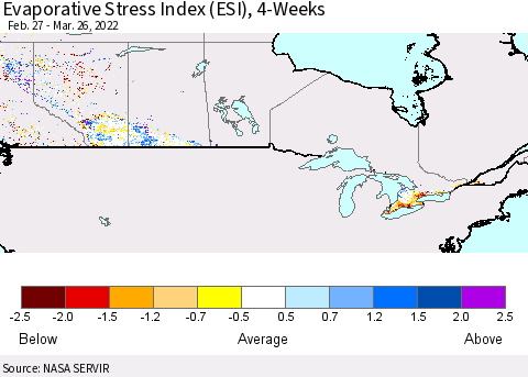 Canada Evaporative Stress Index (ESI), 4-Weeks Thematic Map For 3/21/2022 - 3/27/2022