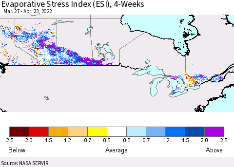 Canada Evaporative Stress Index (ESI), 4-Weeks Thematic Map For 4/18/2022 - 4/24/2022