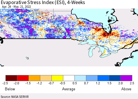 Canada Evaporative Stress Index (ESI), 4-Weeks Thematic Map For 5/16/2022 - 5/22/2022