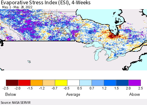 Canada Evaporative Stress Index (ESI), 4-Weeks Thematic Map For 5/23/2022 - 5/29/2022