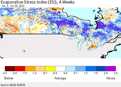 Canada Evaporative Stress Index (ESI), 4-Weeks Thematic Map For 7/25/2022 - 7/31/2022