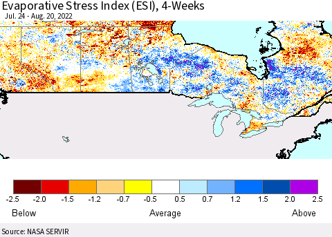 Canada Evaporative Stress Index (ESI), 4-Weeks Thematic Map For 8/15/2022 - 8/21/2022