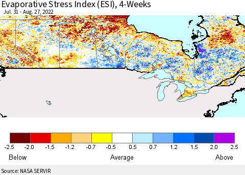 Canada Evaporative Stress Index (ESI), 4-Weeks Thematic Map For 8/22/2022 - 8/28/2022
