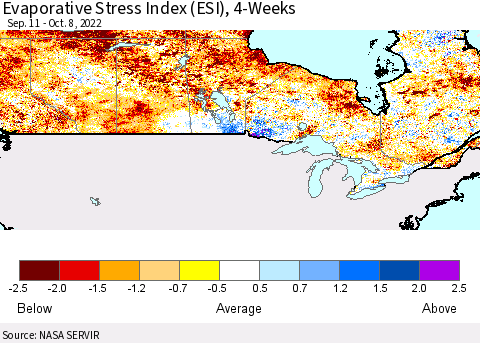 Canada Evaporative Stress Index (ESI), 4-Weeks Thematic Map For 10/3/2022 - 10/9/2022