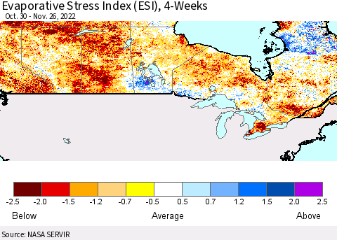 Canada Evaporative Stress Index (ESI), 4-Weeks Thematic Map For 11/21/2022 - 11/27/2022