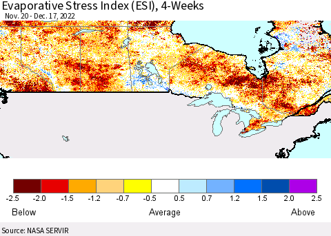 Canada Evaporative Stress Index (ESI), 4-Weeks Thematic Map For 12/12/2022 - 12/18/2022