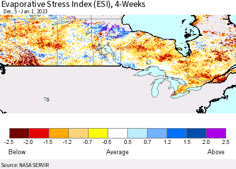 Canada Evaporative Stress Index (ESI), 4-Weeks Thematic Map For 12/26/2022 - 1/1/2023