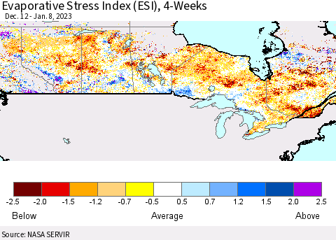 Canada Evaporative Stress Index (ESI), 4-Weeks Thematic Map For 1/2/2023 - 1/8/2023