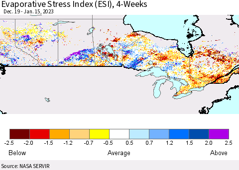 Canada Evaporative Stress Index (ESI), 4-Weeks Thematic Map For 1/9/2023 - 1/15/2023