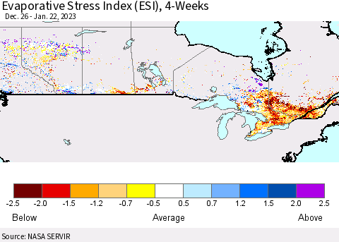Canada Evaporative Stress Index (ESI), 4-Weeks Thematic Map For 1/16/2023 - 1/22/2023