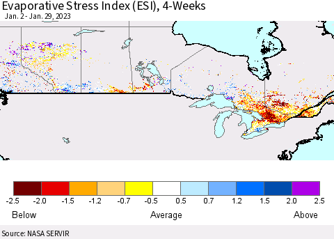 Canada Evaporative Stress Index (ESI), 4-Weeks Thematic Map For 1/23/2023 - 1/29/2023