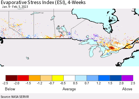 Canada Evaporative Stress Index (ESI), 4-Weeks Thematic Map For 1/30/2023 - 2/5/2023