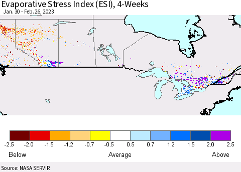 Canada Evaporative Stress Index (ESI), 4-Weeks Thematic Map For 2/20/2023 - 2/26/2023