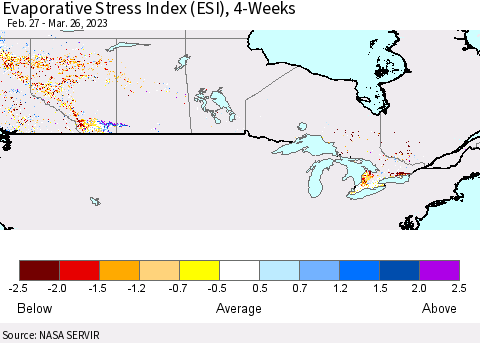 Canada Evaporative Stress Index (ESI), 4-Weeks Thematic Map For 3/20/2023 - 3/26/2023