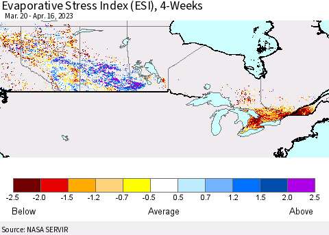 Canada Evaporative Stress Index (ESI), 4-Weeks Thematic Map For 4/10/2023 - 4/16/2023