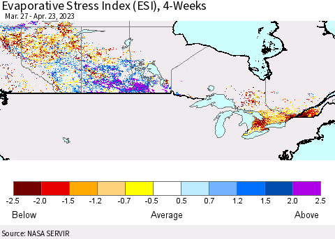 Canada Evaporative Stress Index (ESI), 4-Weeks Thematic Map For 4/17/2023 - 4/23/2023