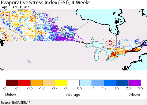 Canada Evaporative Stress Index (ESI), 4-Weeks Thematic Map For 4/24/2023 - 4/30/2023