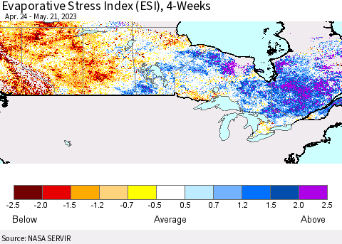 Canada Evaporative Stress Index (ESI), 4-Weeks Thematic Map For 5/15/2023 - 5/21/2023
