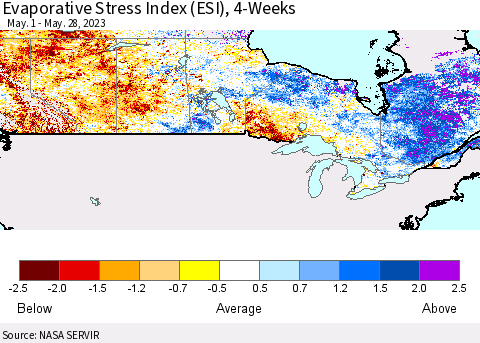 Canada Evaporative Stress Index (ESI), 4-Weeks Thematic Map For 5/22/2023 - 5/28/2023