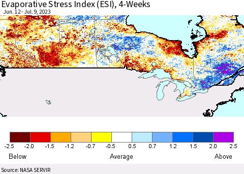 Canada Evaporative Stress Index (ESI), 4-Weeks Thematic Map For 7/3/2023 - 7/9/2023