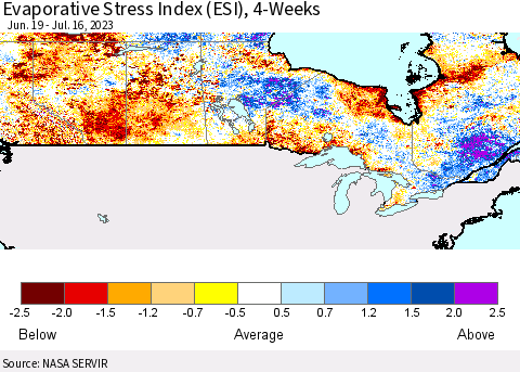 Canada Evaporative Stress Index (ESI), 4-Weeks Thematic Map For 7/10/2023 - 7/16/2023