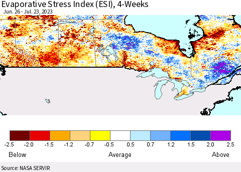 Canada Evaporative Stress Index (ESI), 4-Weeks Thematic Map For 7/17/2023 - 7/23/2023