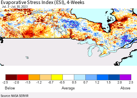 Canada Evaporative Stress Index (ESI), 4-Weeks Thematic Map For 7/24/2023 - 7/30/2023