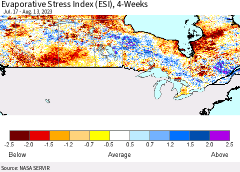 Canada Evaporative Stress Index (ESI), 4-Weeks Thematic Map For 8/7/2023 - 8/13/2023